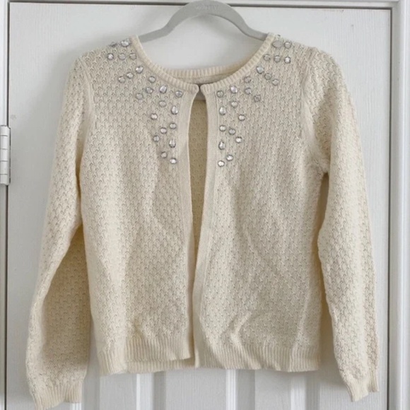 Ivory Open Front Cardigan Sweater with Embellished Rhinestone - Picture 8 of 10